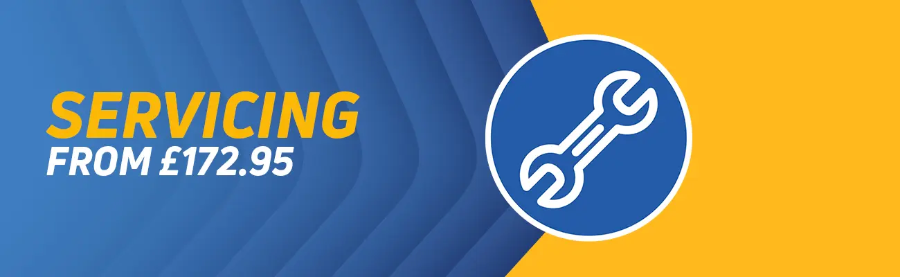 An image of a spanner with a blue and yellow background, with the text Servicing from £172.95