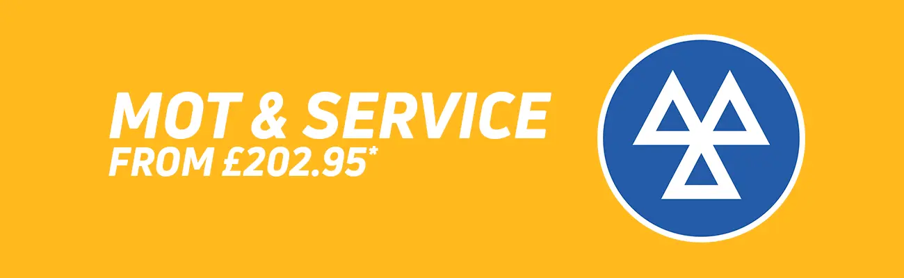  A yellow background with the MOT icon with text reading MOT & Service from £166.95*