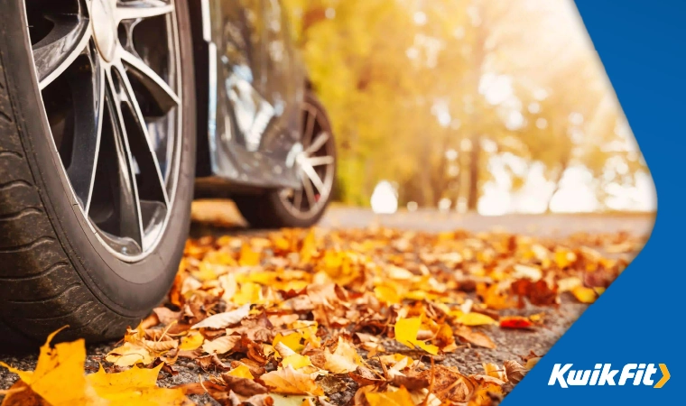 A modern car parked on a road in autumn.